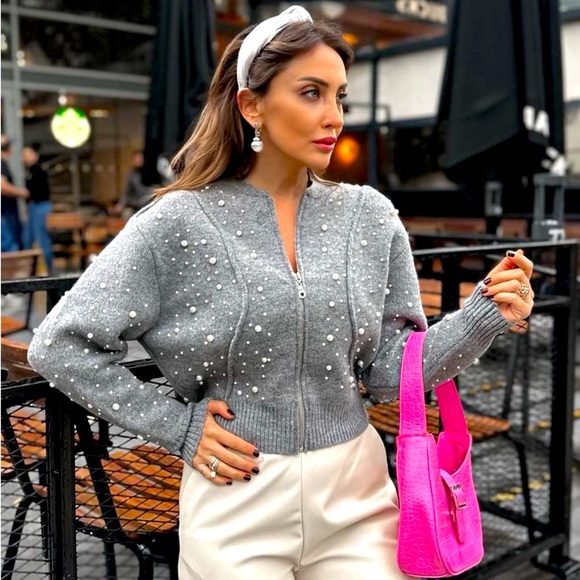 Zara Sweaters - Zara KNIT BOMBER JACKET WITH FAUX PEARLS